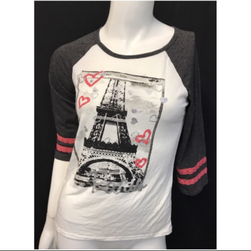Girls Lily Blue LS Raglan Paris Gray White T Shirt - Picture 1 of 7
